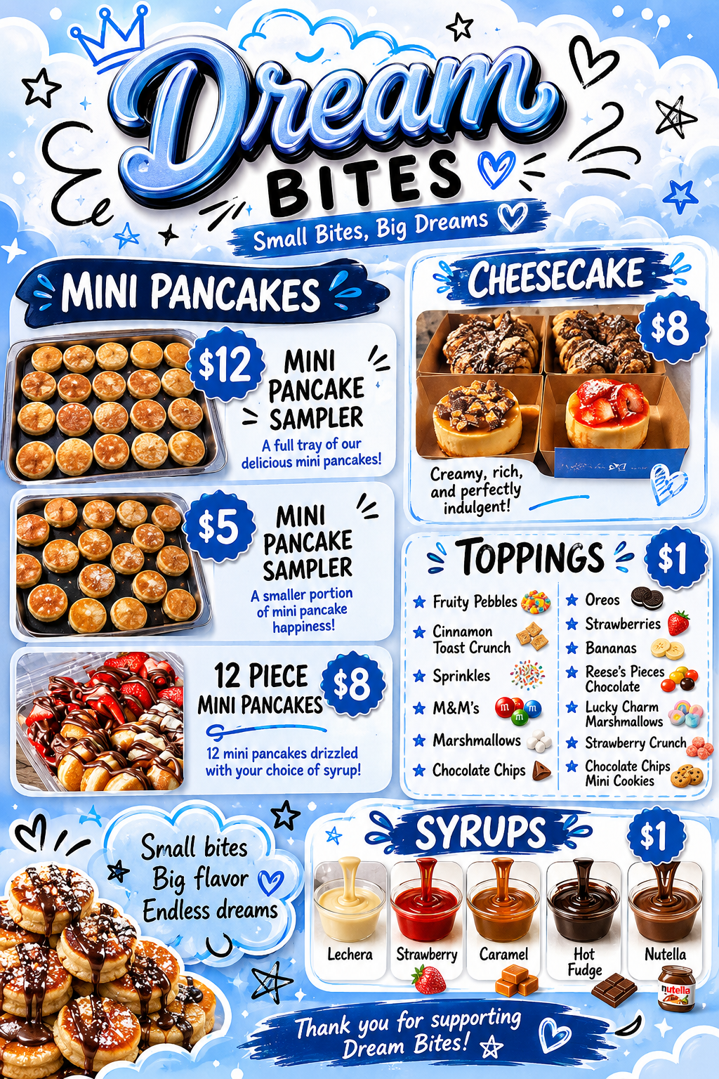 DreamBites menu with mini pancakes, cheesecake, toppings, and syrups